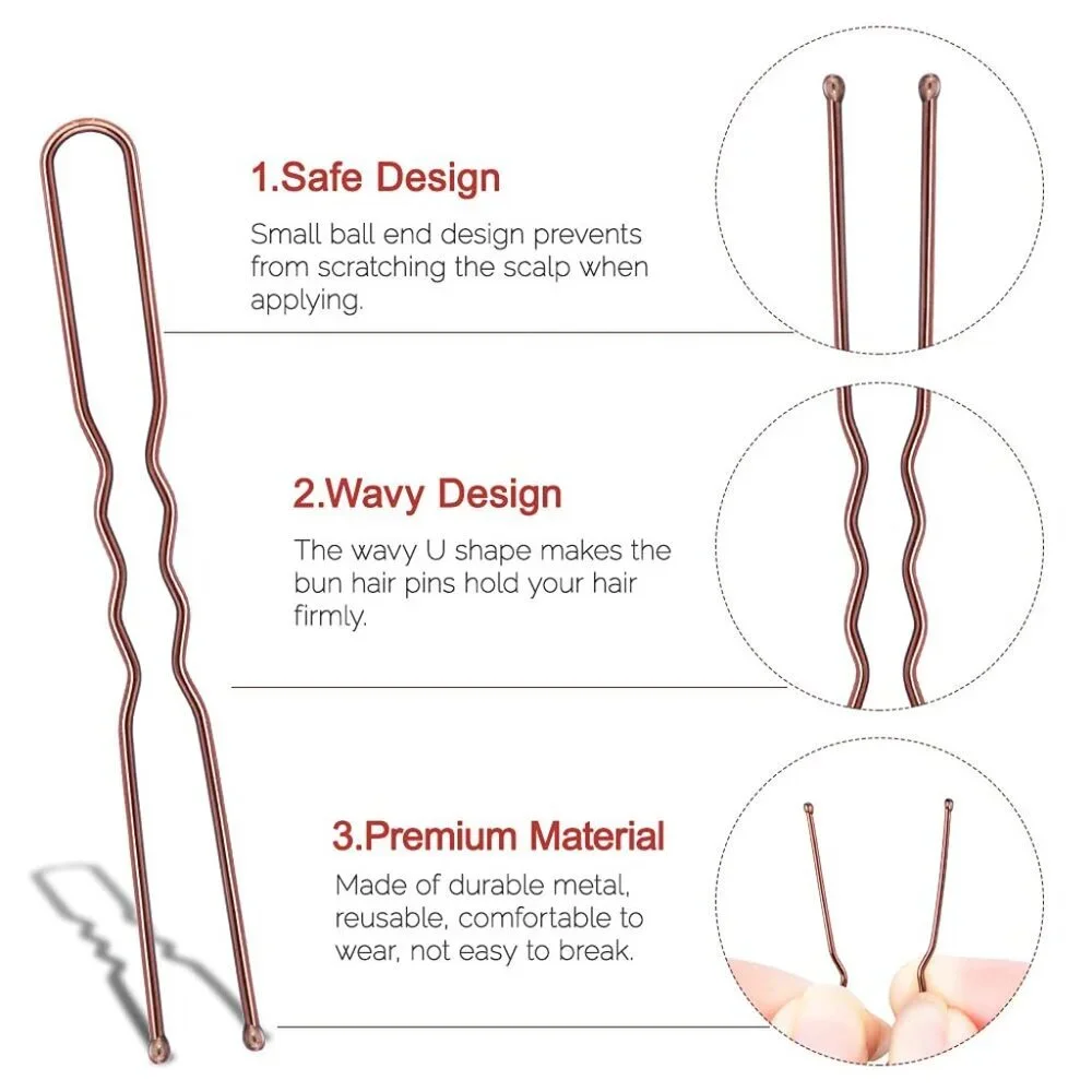 U Shaped Hair Pins, 2.4inch Hair Pins for Women with Storage Box, Brown